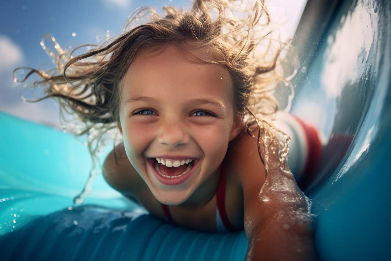 Picture of a small child going down a water slide at a water park on her summer vacation