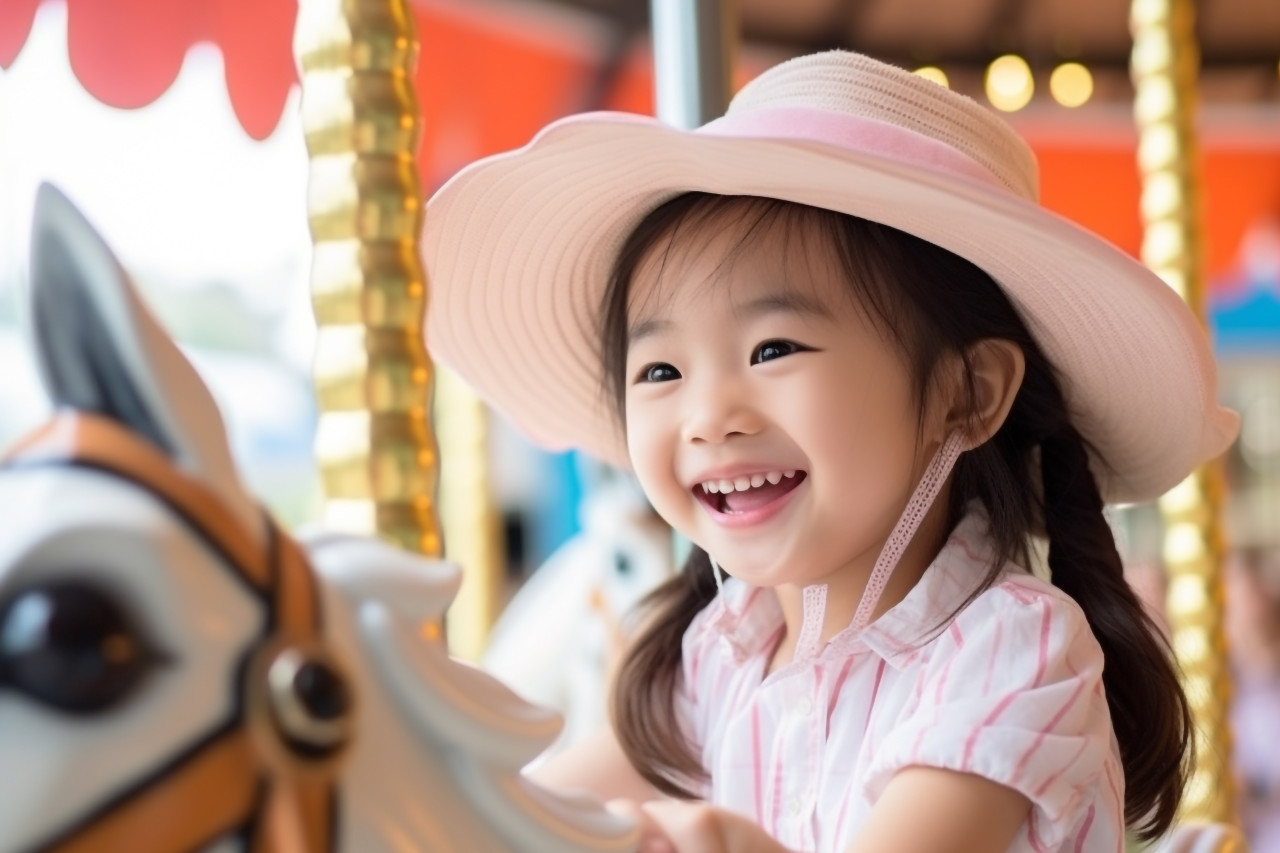 Photo of an asian girl riding a horse or playing on a carousel at an amusement park during her summer vacation