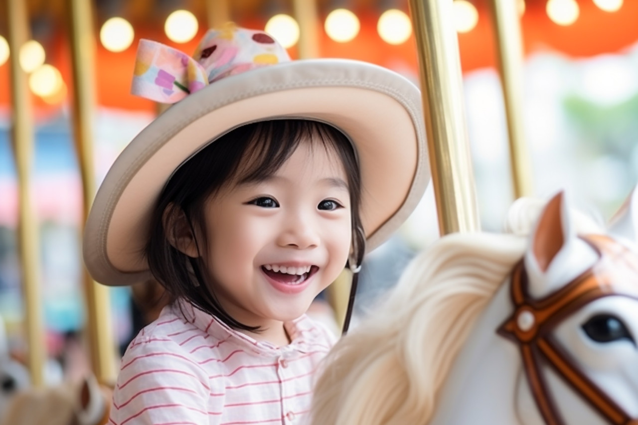 Photo of an asian girl riding a horse or playing on a carousel at an amusement park during her summer vacation