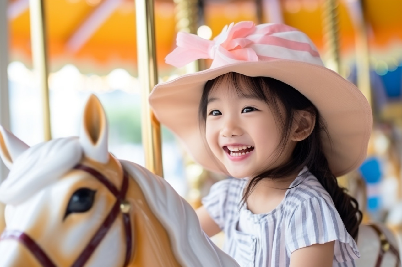 Photo of an asian girl riding a horse or playing on a carousel at an amusement park during her summer vacation