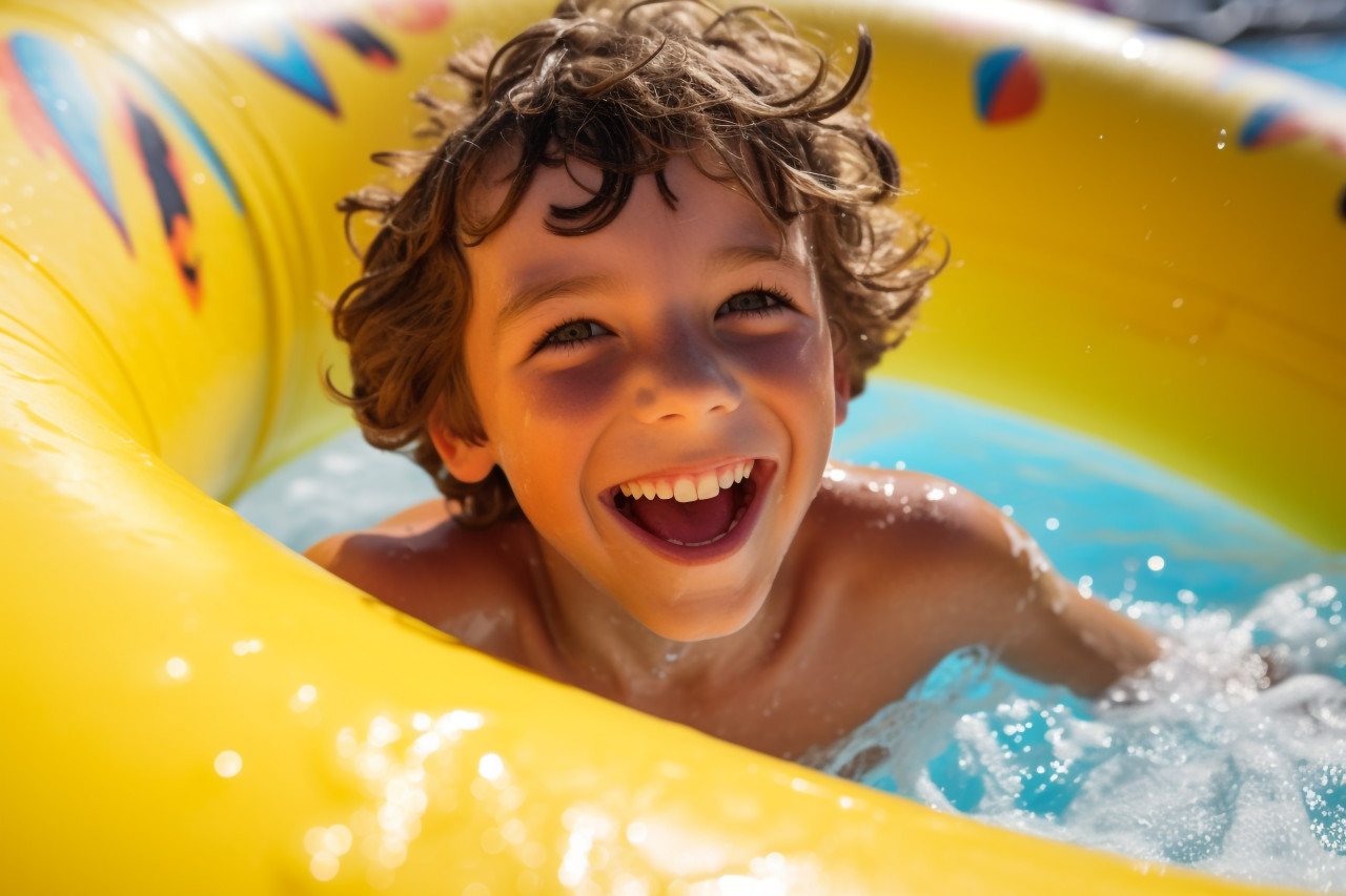A photo of a happy boy riding a water slide in a water park