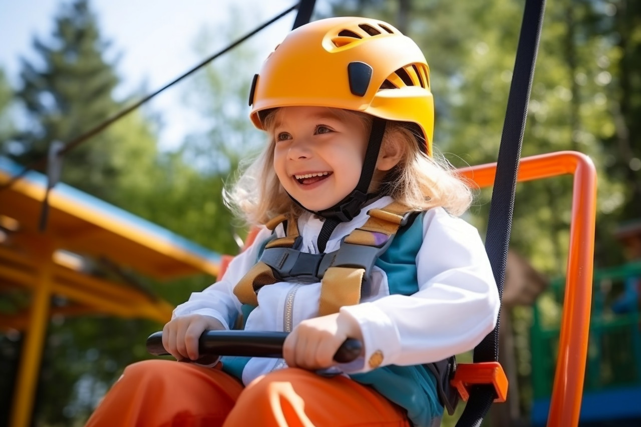 A photo of a little girl with a special orange helmet and safety gear zip lining at a childrens amusement park