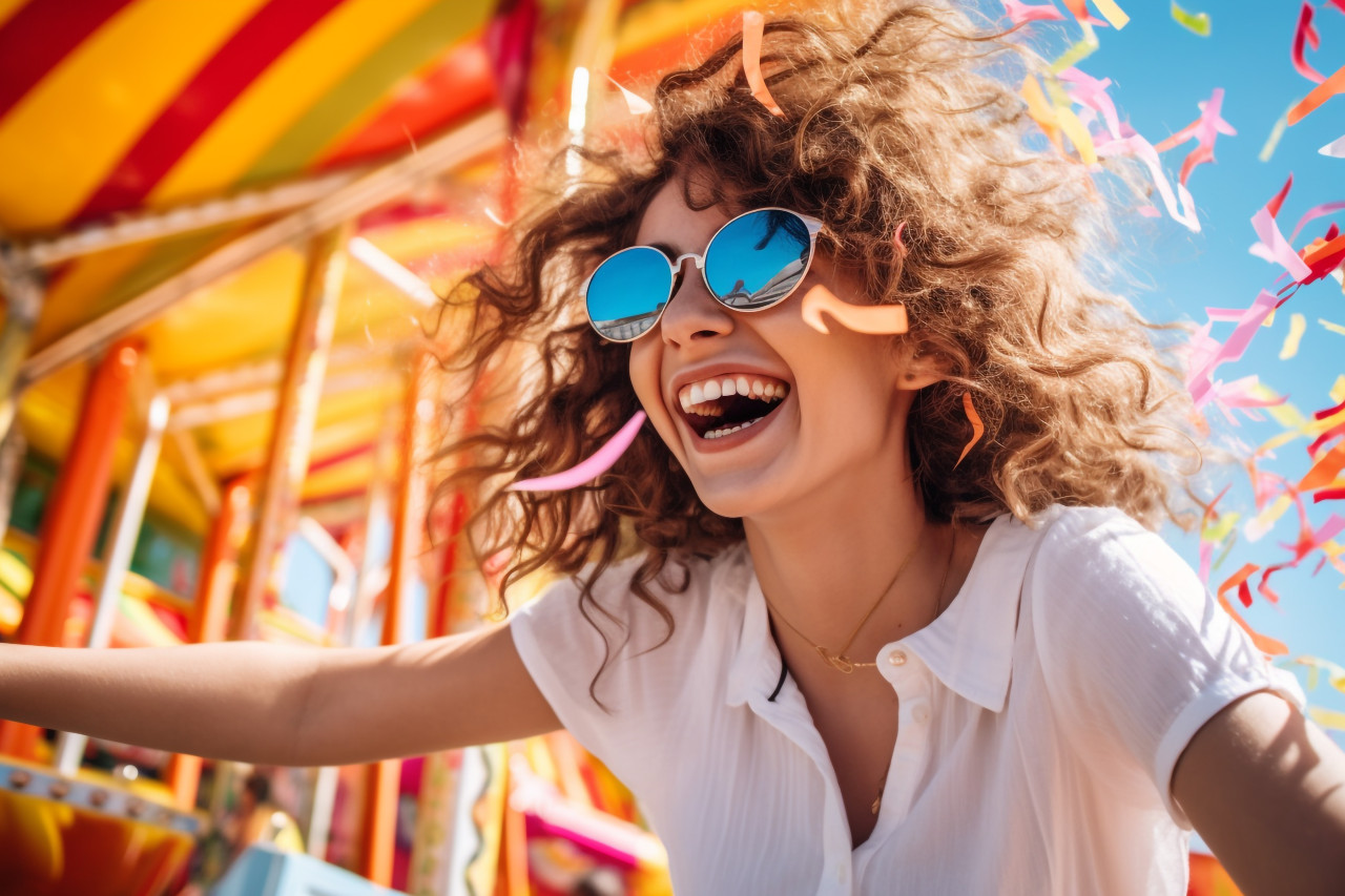 Photo of a woman having a fun and happy day at an amusement park on a summer day