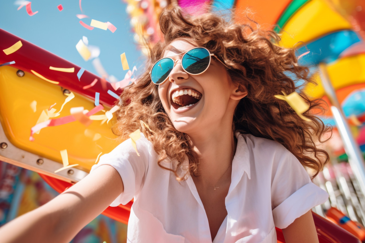 Photo of a woman having a fun and happy day at an amusement park on a summer day