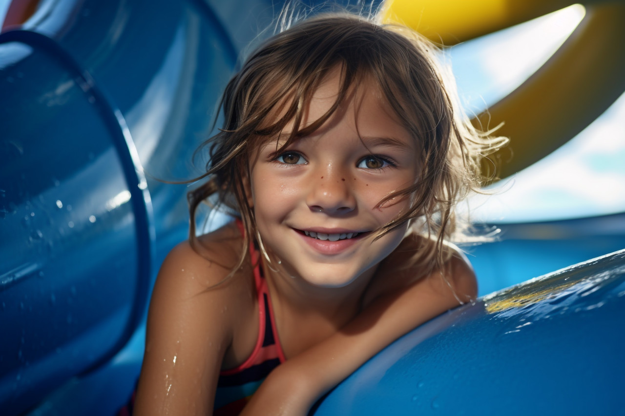 Picture of a young girl going down a water slide at a water park