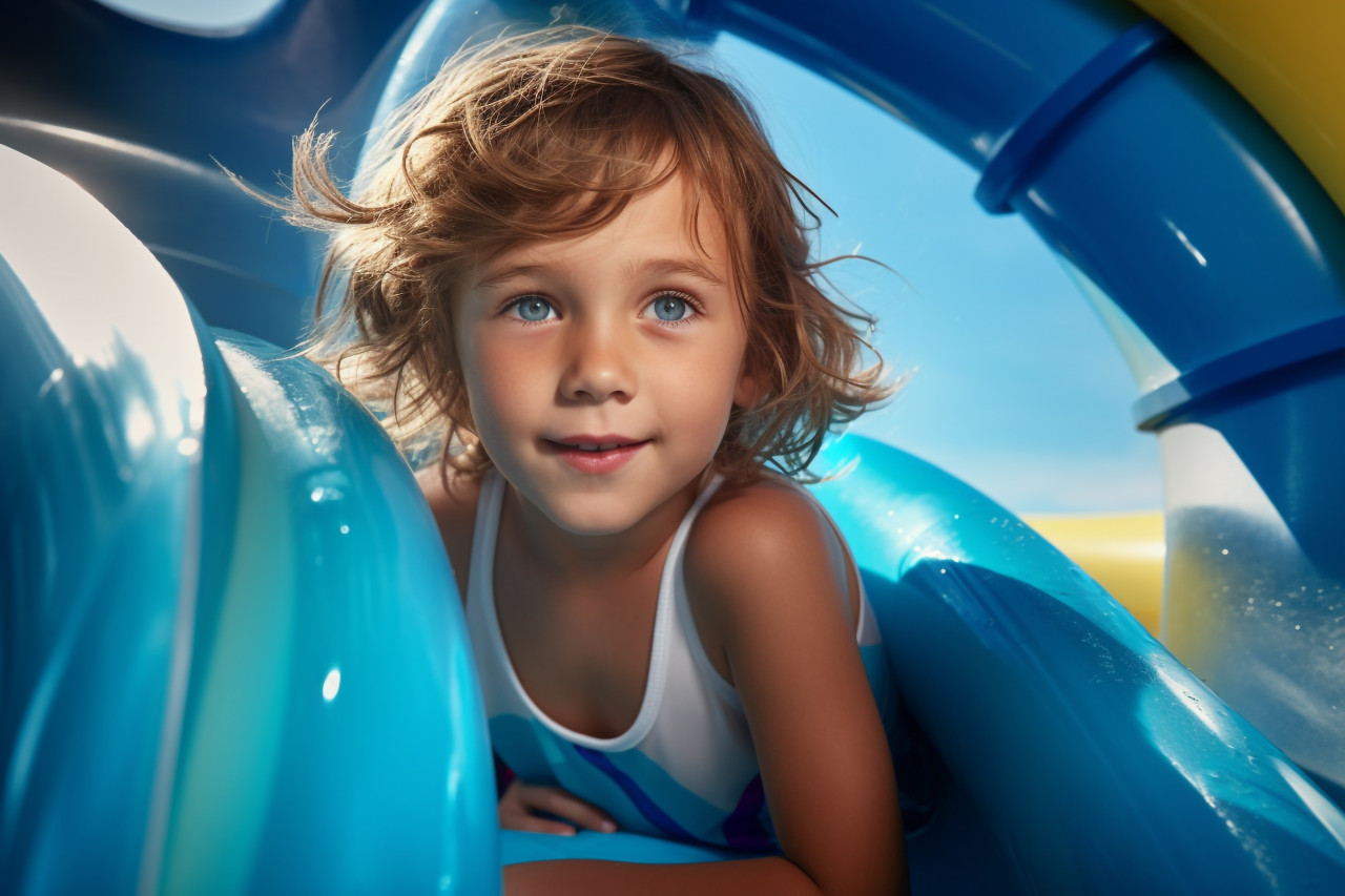 Picture of a young girl going down a water slide at a water park