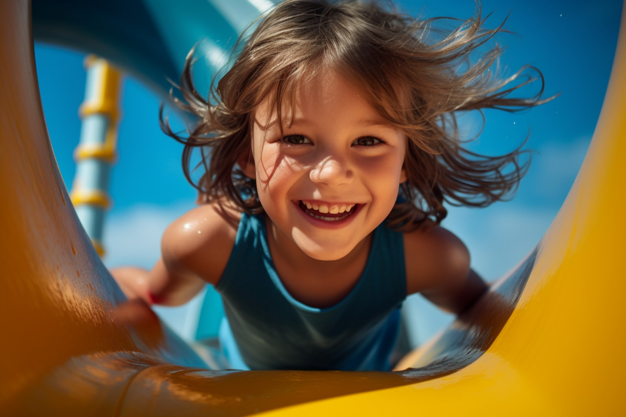 Picture of a young girl going down a water slide at a water park