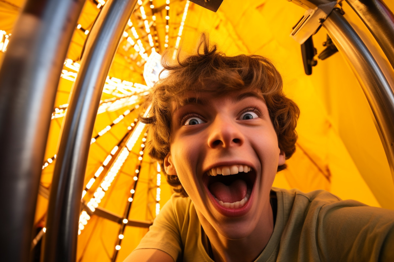 A photo of a very happy young man taking a selfie in a ferris wheel cabin