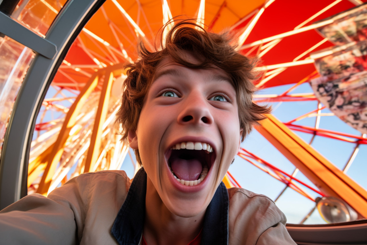 A photo of a very happy young man taking a selfie in a ferris wheel cabin