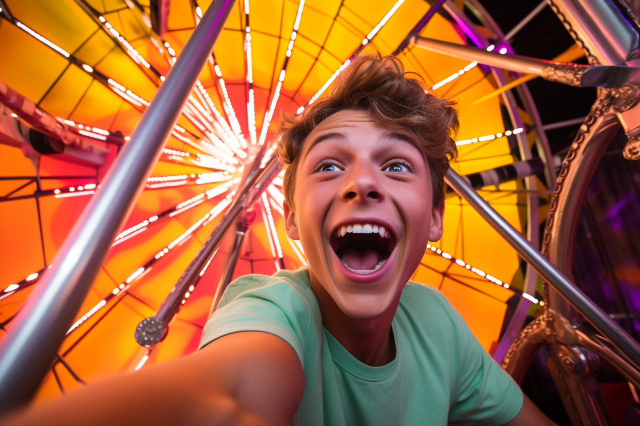 A photo of a very happy young man taking a selfie in a ferris wheel cabin