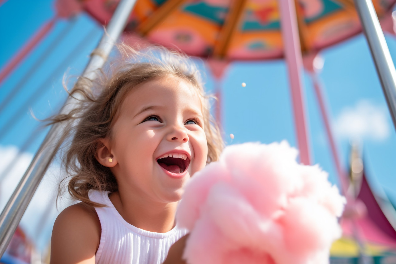 Picture of a joyful toddler eating sweet fluff at a fun fair on a summer day