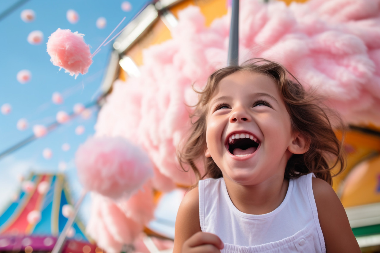 Picture of a joyful toddler eating sweet fluff at a fun fair on a summer day