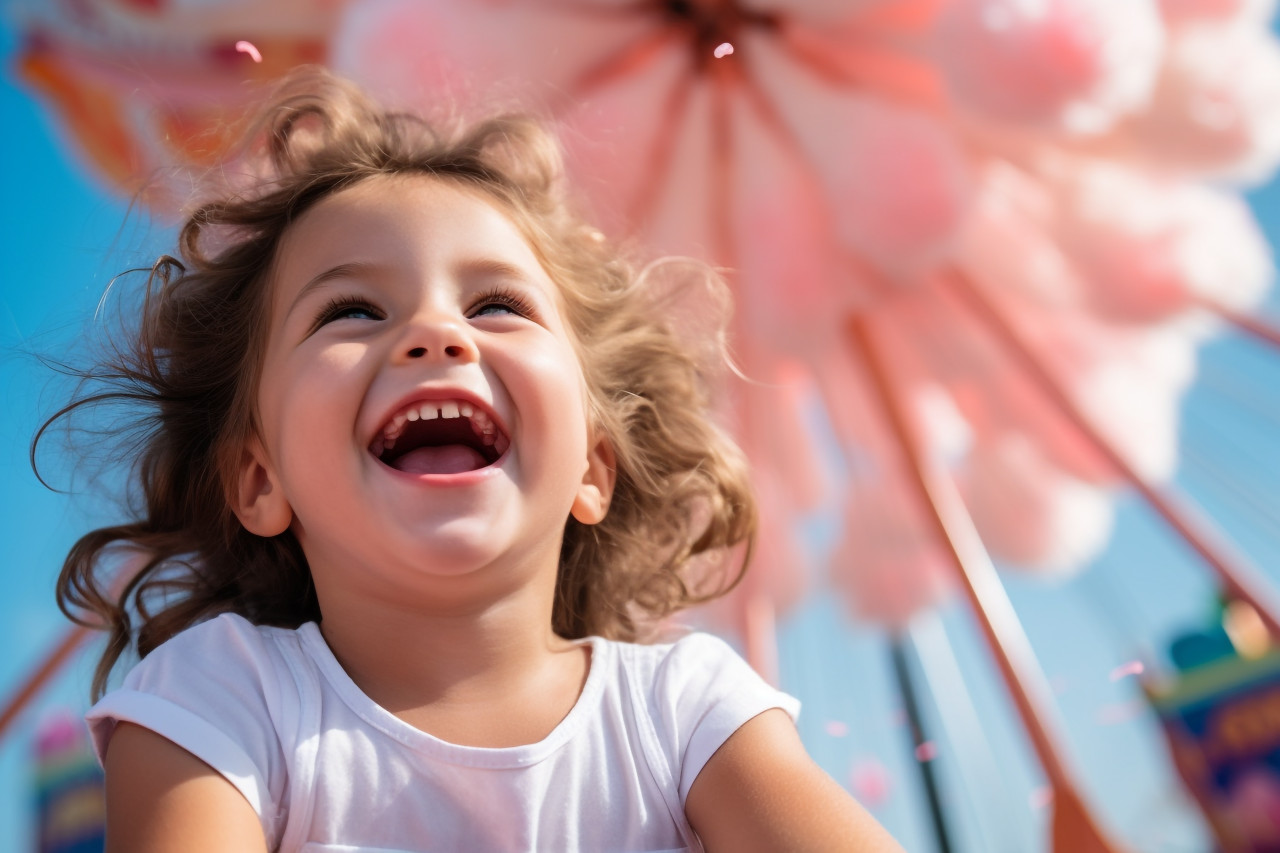 Picture of a joyful toddler eating sweet fluff at a fun fair on a summer day