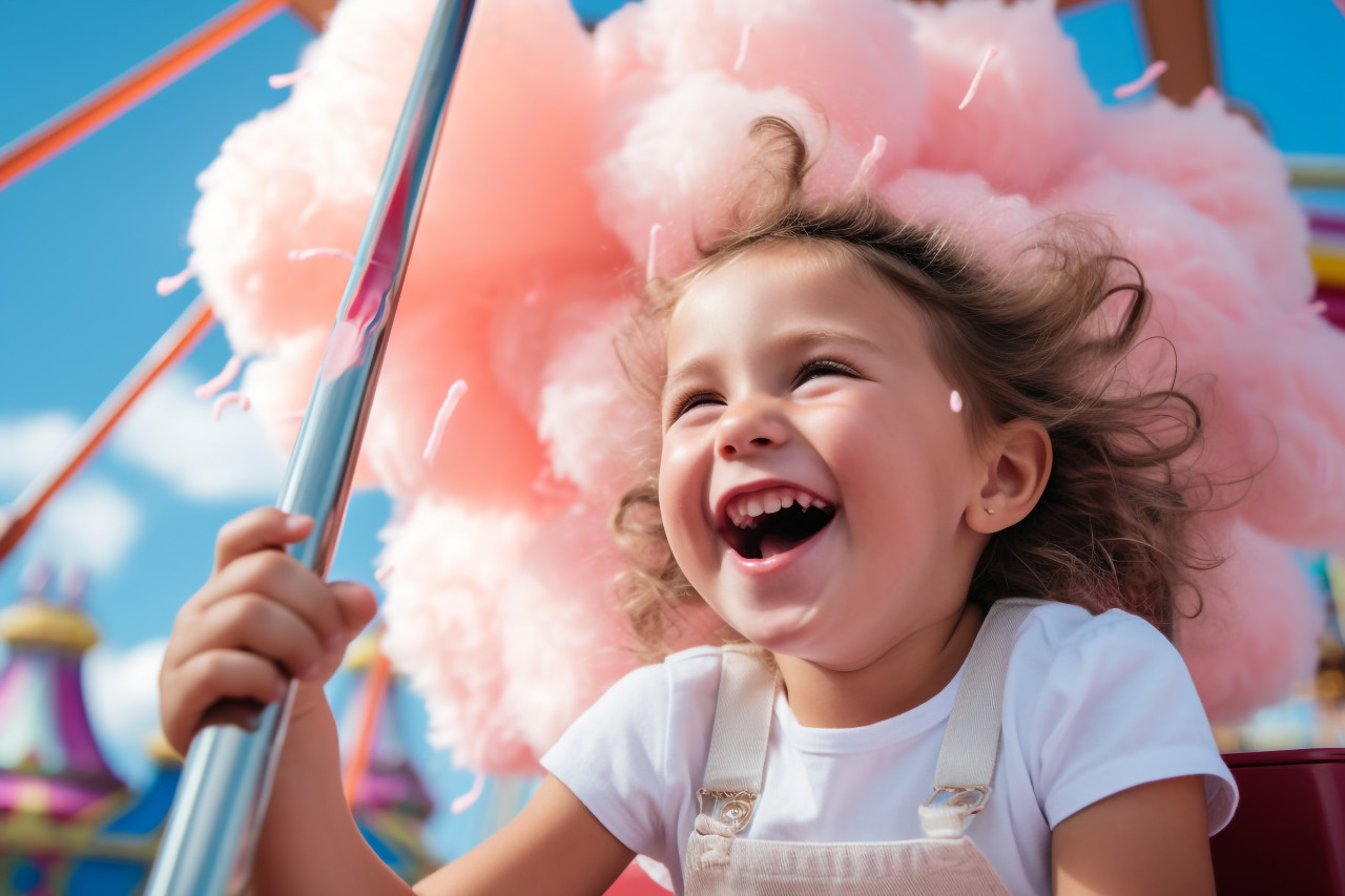 Picture of a joyful toddler eating sweet fluff at a fun fair on a summer day