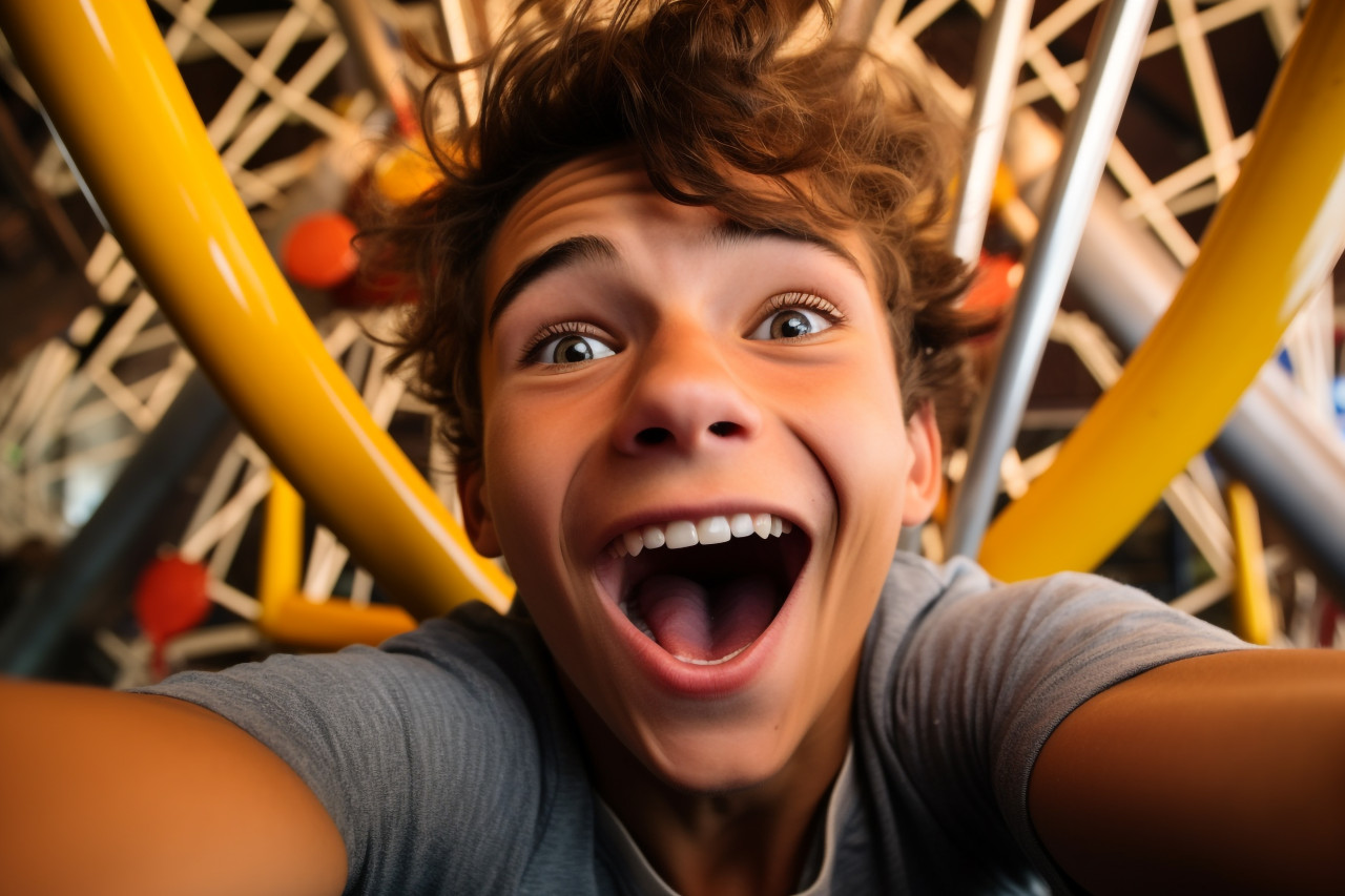 A photo of a very happy young man taking a selfie in a ferris wheel cabin