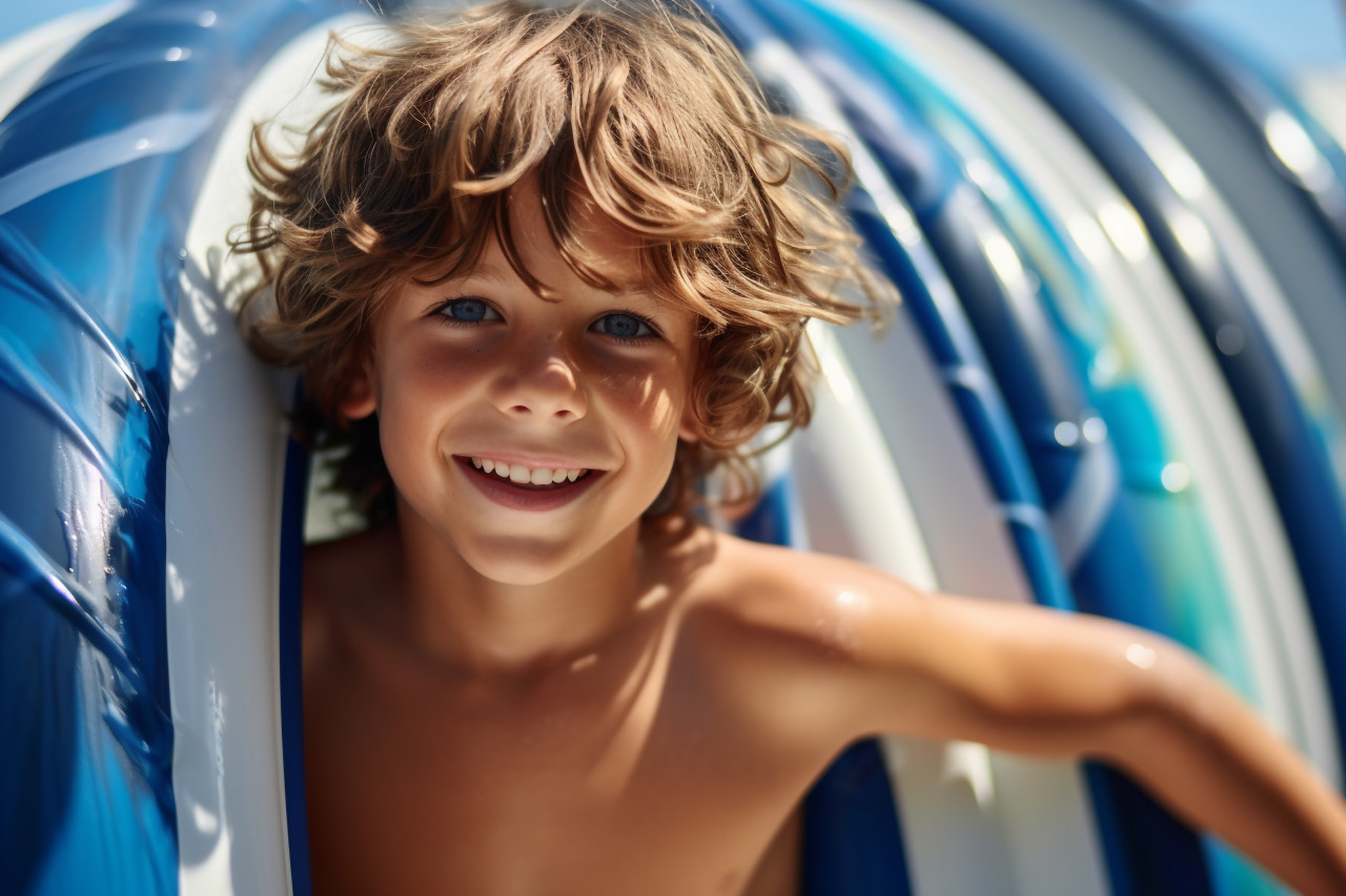 Photo of a healthy happy child near a blue swimming pool with water slides in a water park during the summer