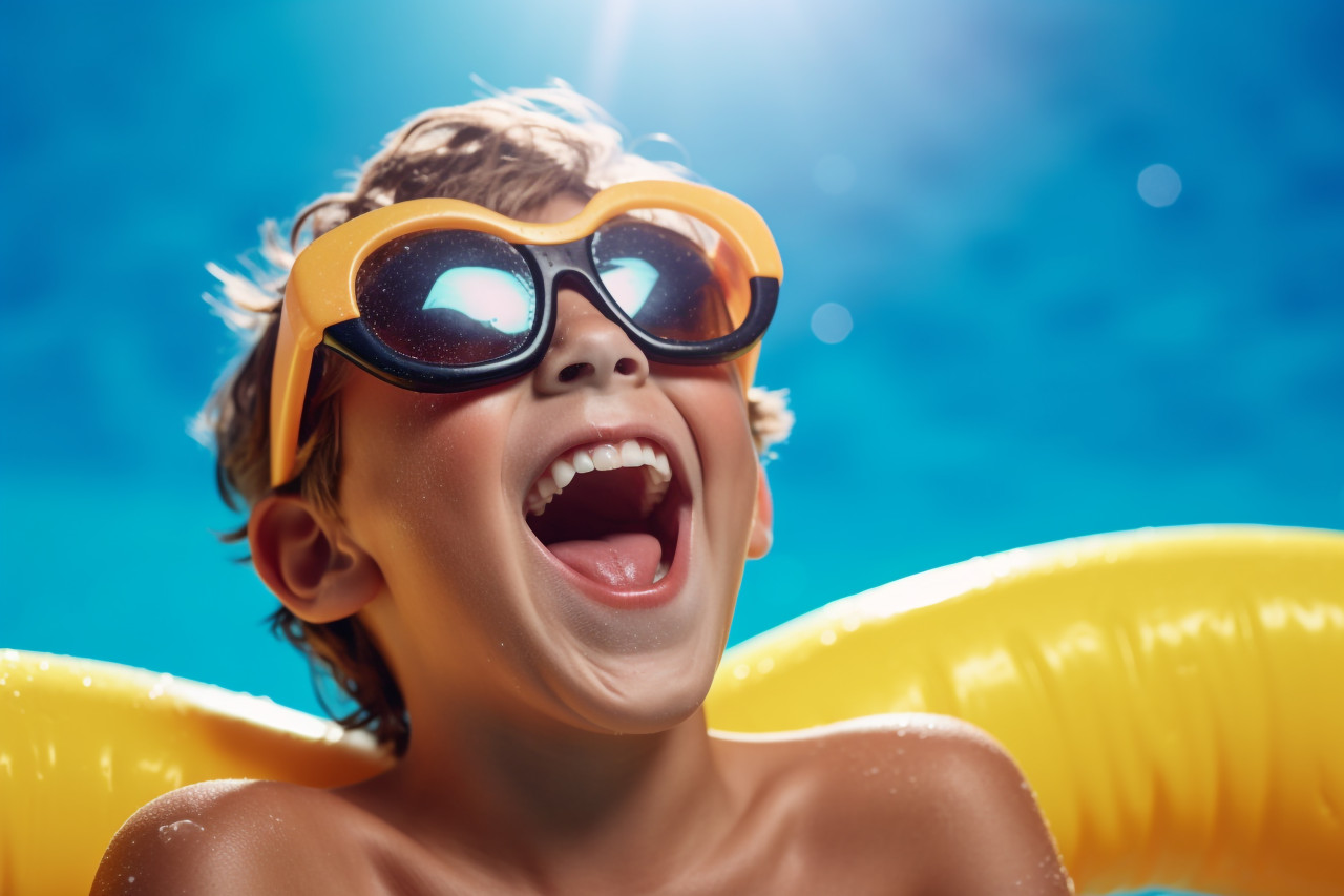 A photo of a happy child having fun at the water park on summer vacation riding a yellow float and laughing