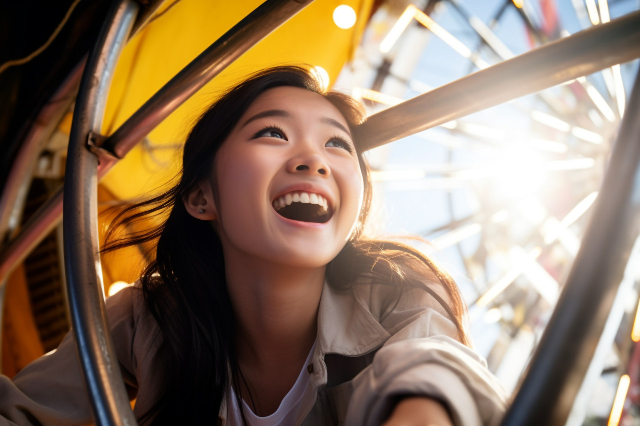 A picture of a happy asian girl on a ferris wheel at an amusement park