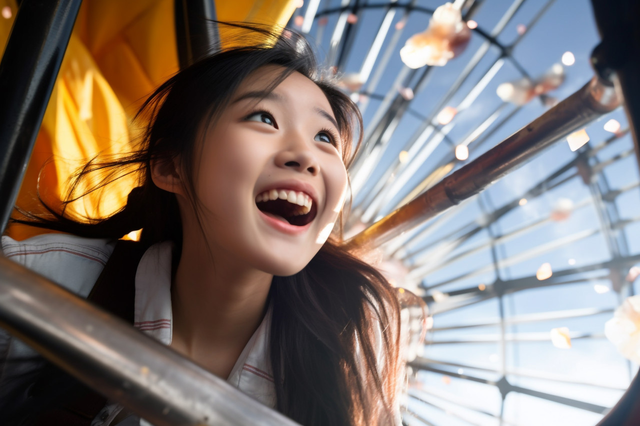A picture of a happy asian girl on a ferris wheel at an amusement park