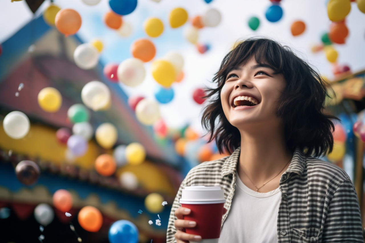 A photo of a smiling woman with a coffee cup at a public amusement park during summer vacations having fun like a child