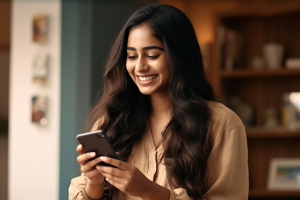 A photo of a happy indian girl in her living room texting on her smartphone