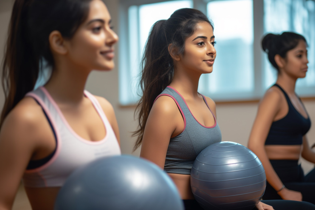 A picture of a young indian woman working out her stomach muscles in a yoga studio