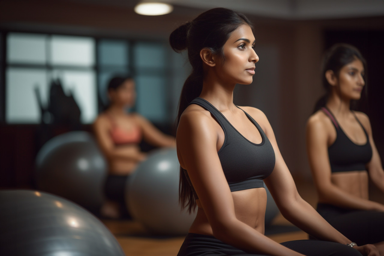 A picture of a young indian woman working out her stomach muscles in a yoga studio
