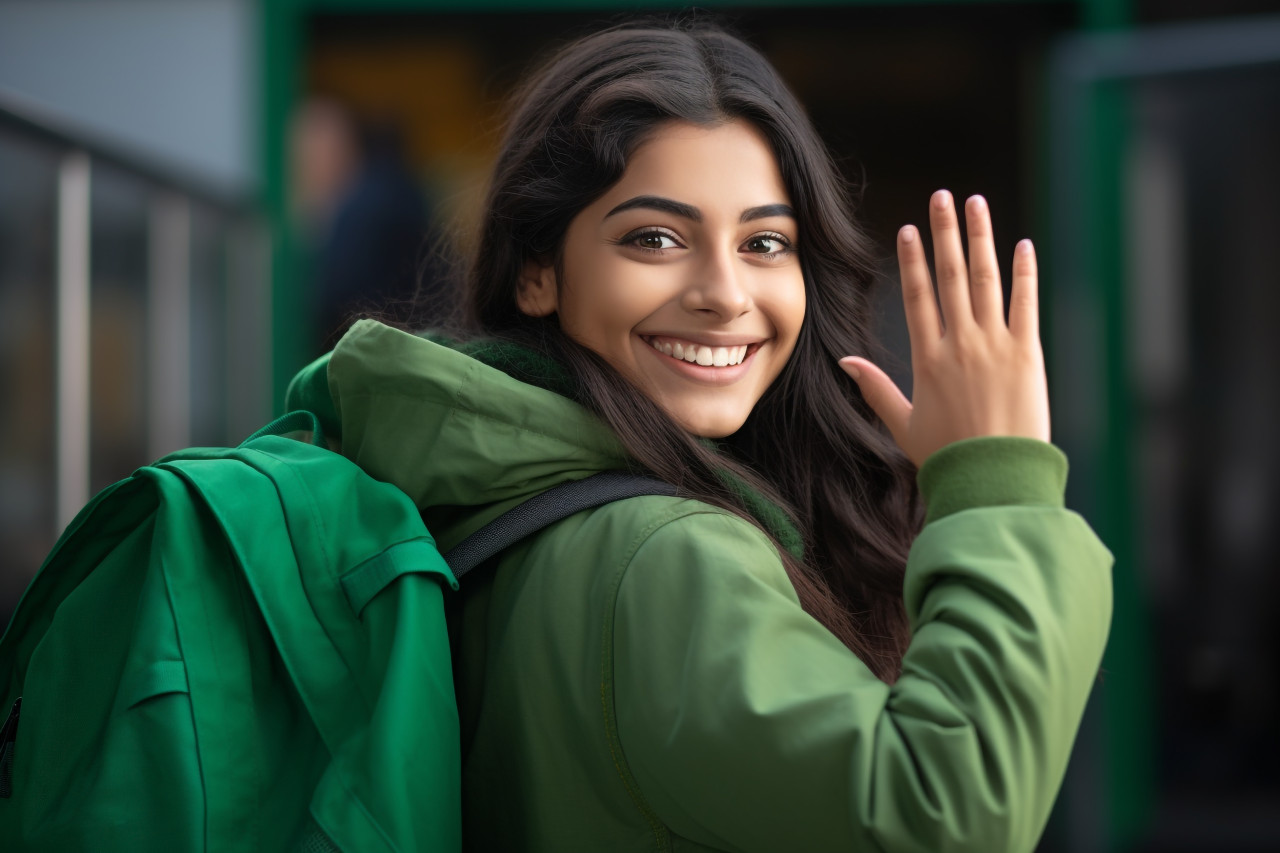 Photo of happy indian girl waving and saying hello to the camera