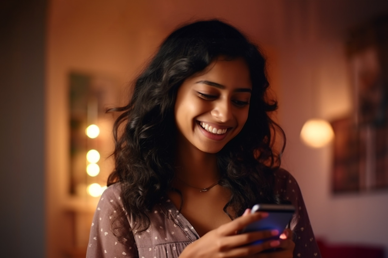 A photo of a happy indian girl in her living room texting on her smartphone