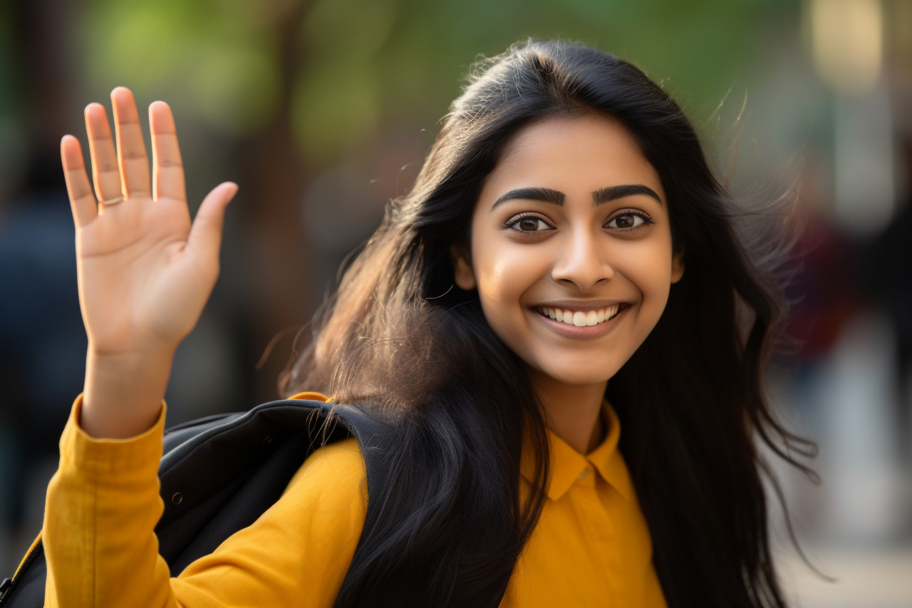 Photo of happy indian girl waving and saying hello to the camera