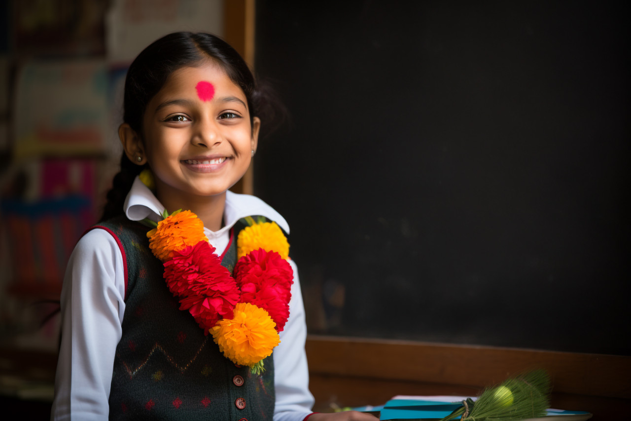 Picture of a happy indian girl in primary school holding chalk and writing on a blackboard