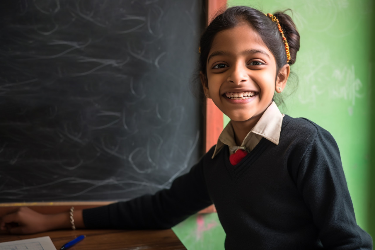 Picture of a happy indian girl in primary school holding chalk and writing on a blackboard