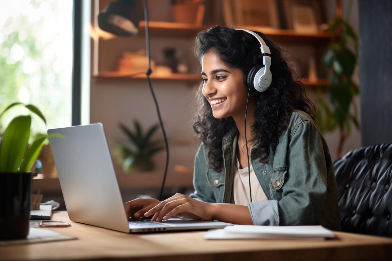 Photo of a smiling young indian woman at her desk in the living room using her laptop to browse the internet and work on her computer