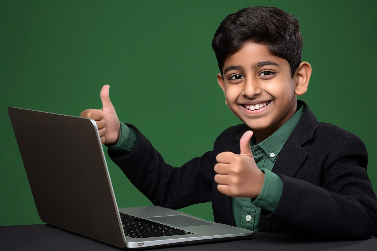 Photo of happy indian boy with laptop giving thumbs up