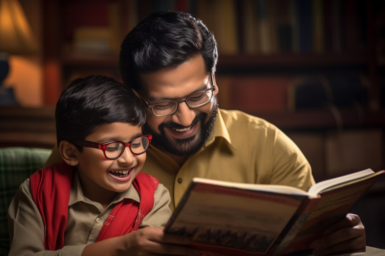 Photo of happy indian dad and son reading book in living room