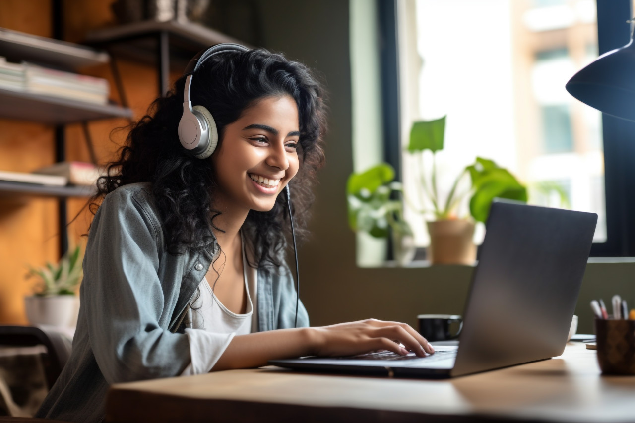 Photo of a smiling young indian woman at her desk in the living room using her laptop to browse the internet and work on her computer