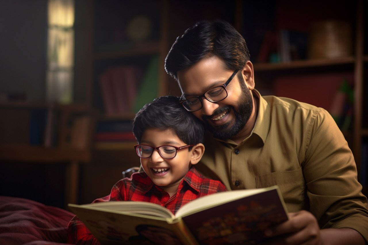 Photo of happy indian dad and son reading book in living room