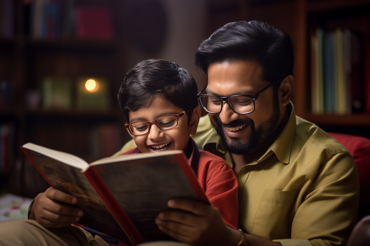 Photo of happy indian dad and son reading book in living room