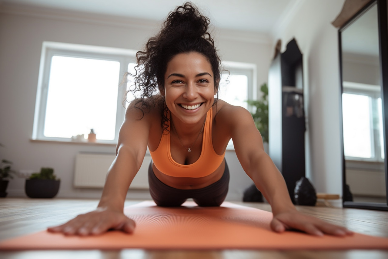 A picture of a happy fit and sporty hispanic girl doing yoga stretches online on a mat at home
