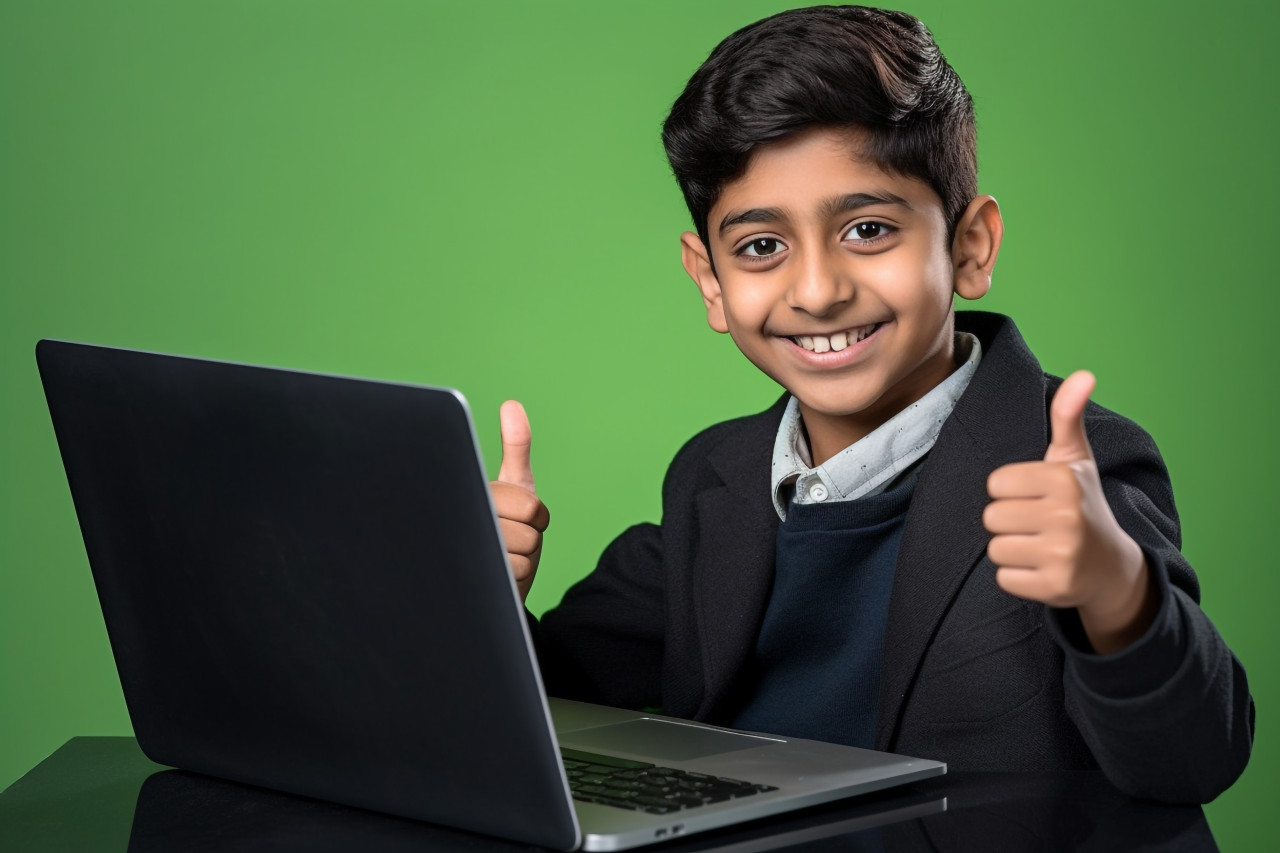 Photo of happy indian boy with laptop giving thumbs up