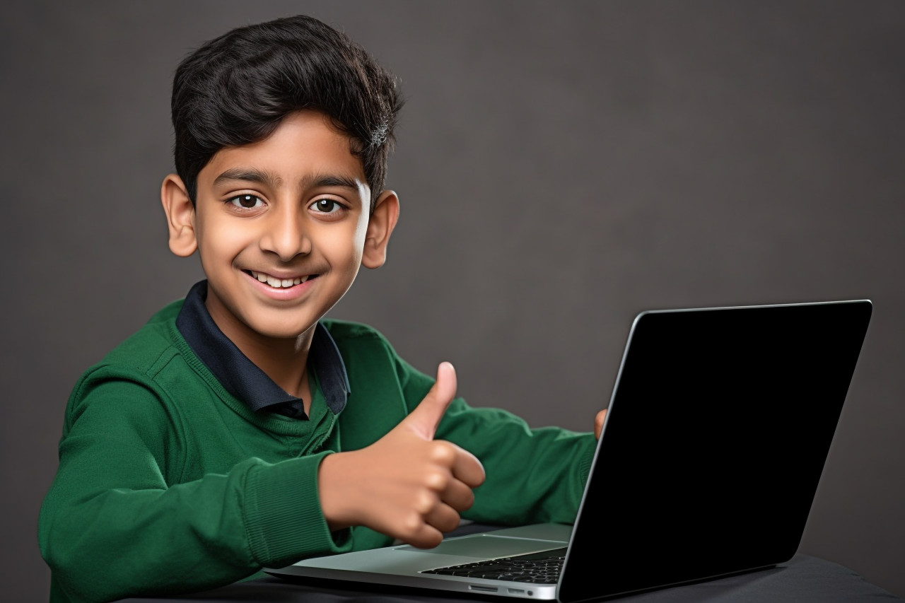 Photo of happy indian boy with laptop giving thumbs up