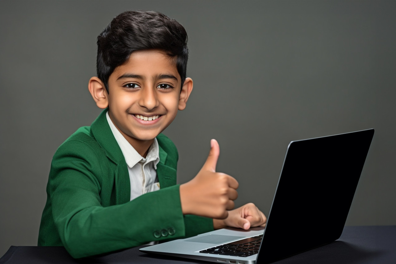 Photo of happy indian boy with laptop giving thumbs up