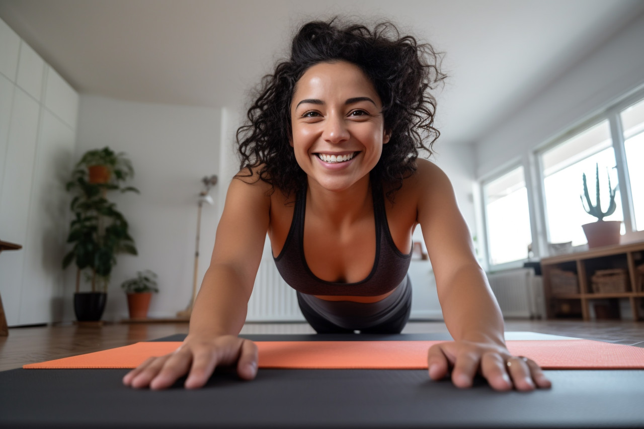 A picture of a happy fit and sporty hispanic girl doing yoga stretches online on a mat at home