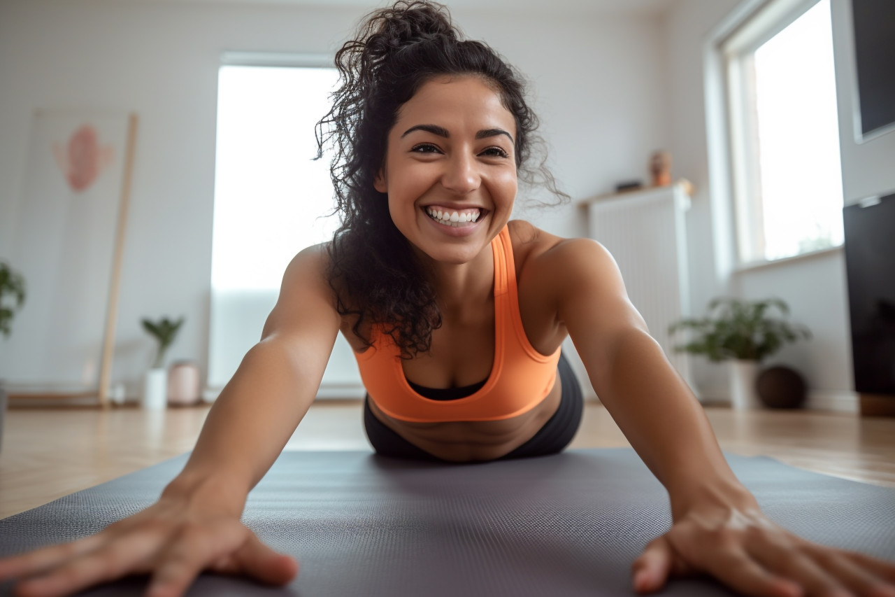 A picture of a happy fit and sporty hispanic girl doing yoga stretches online on a mat at home