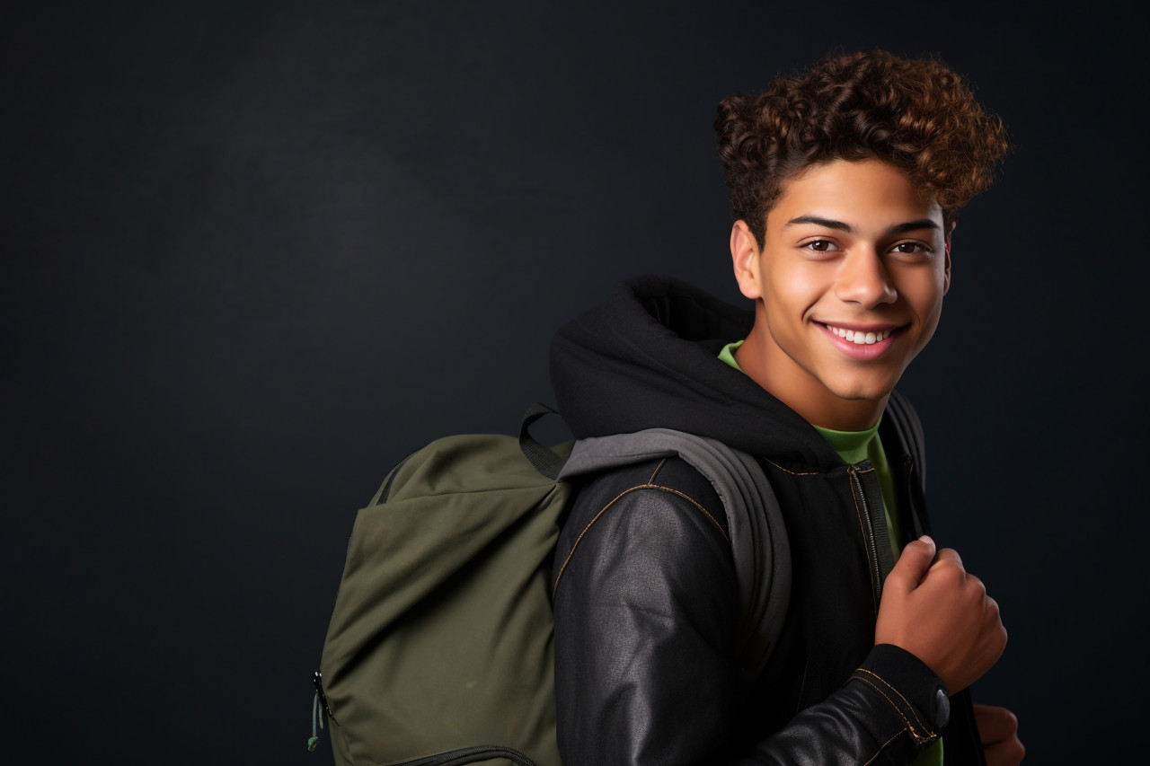A photo of a happy young student from india or latin america standing in a classroom in front