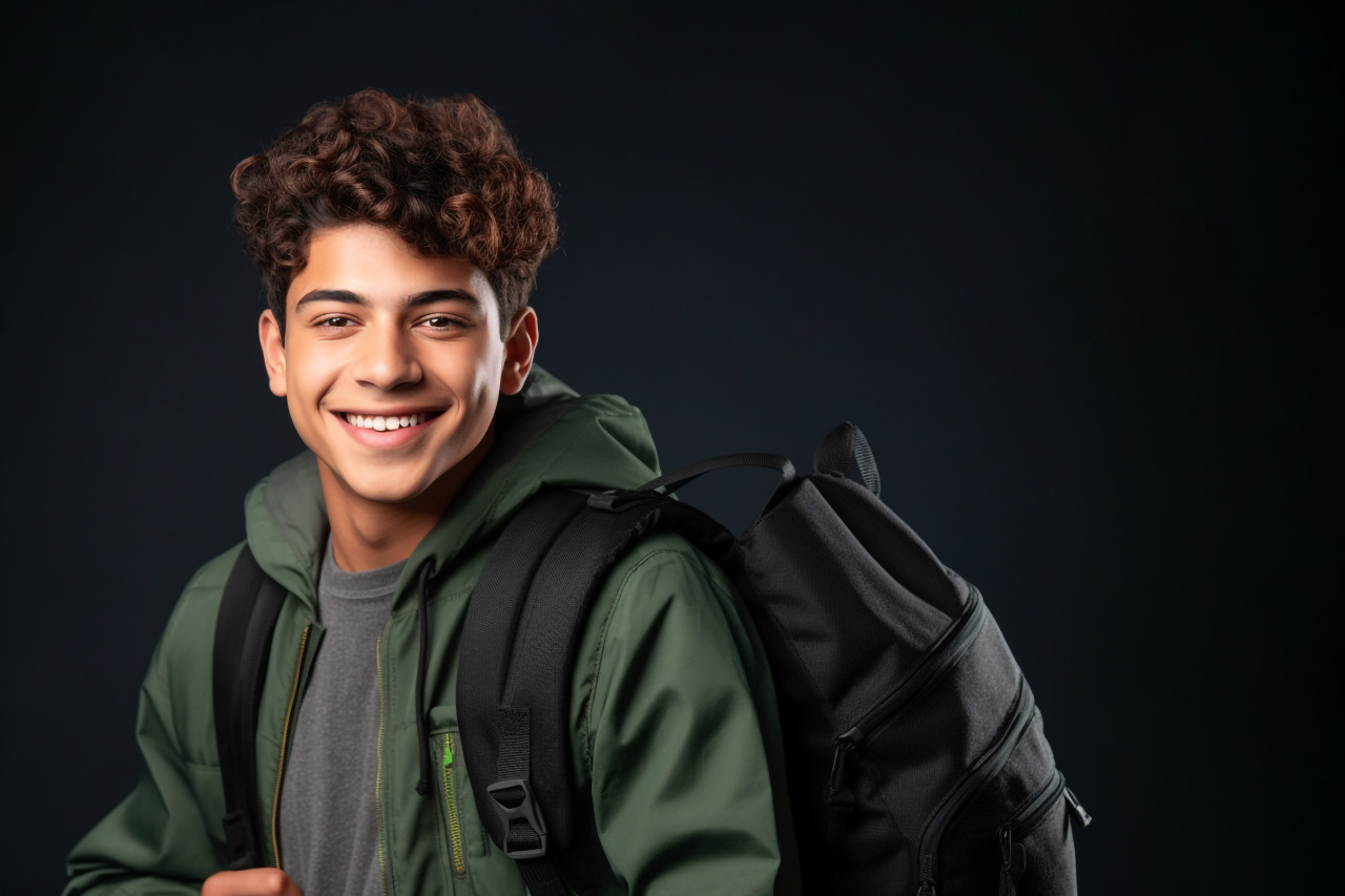 A photo of a happy young student from india or latin america standing in a classroom in front
