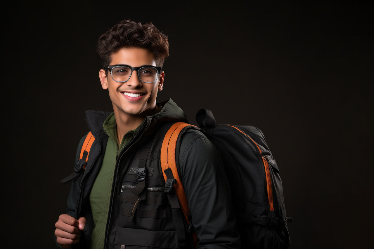 A photo of a happy young student from india or latin america standing in a classroom in front