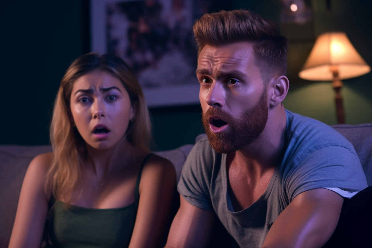 A photo of a scared indian couple sitting on a sofa watching a horror movie late at night at home