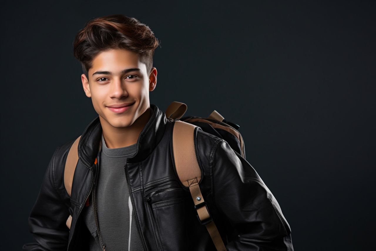 A photo of a happy young student from india or latin america standing in a classroom in front