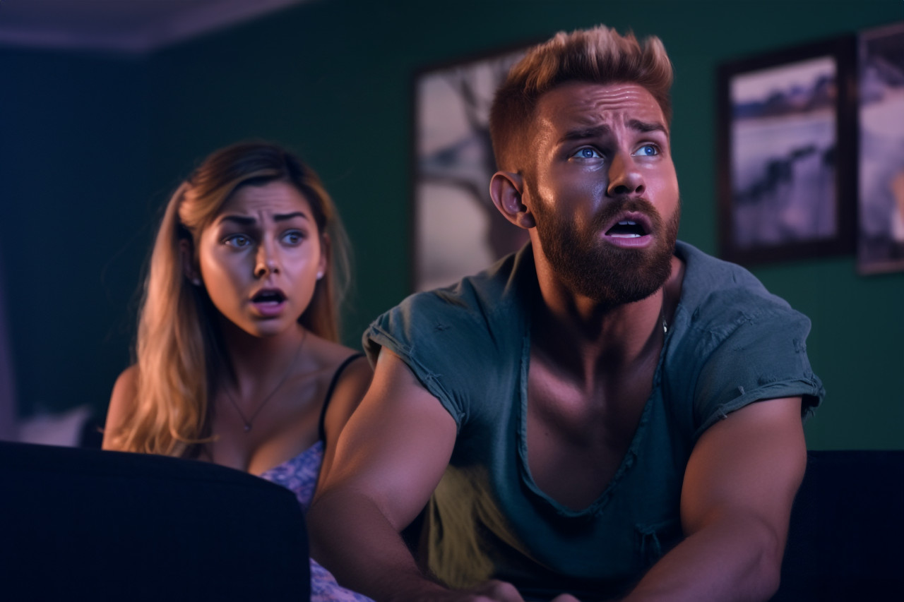 A photo of a scared indian couple sitting on a sofa watching a horror movie late at night at home